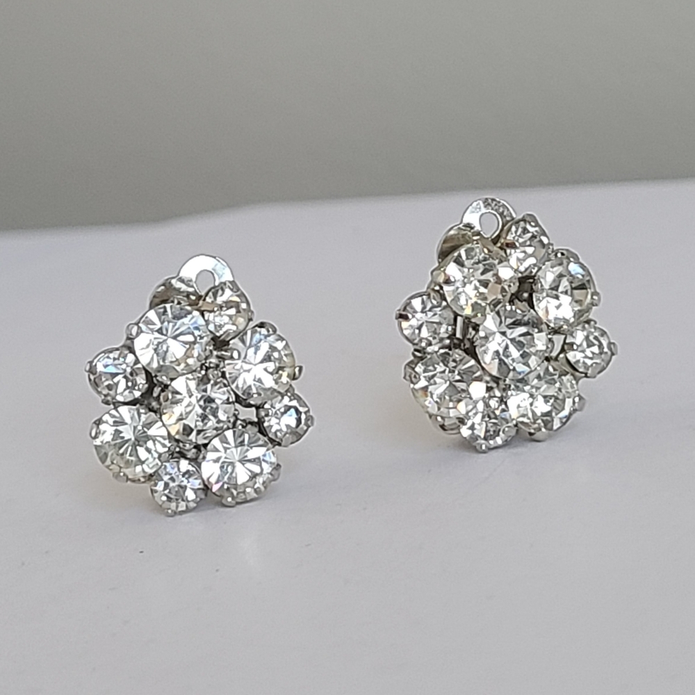 Vintage Silver Tone Clear Rhinestone Crystal Cluster Clip On Stud Earrings